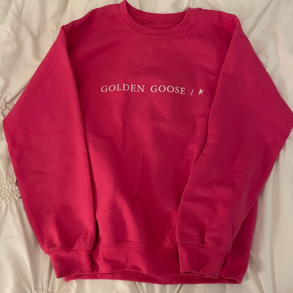 golden goose size small worn twice no stains like new baggy crew neck hot pink